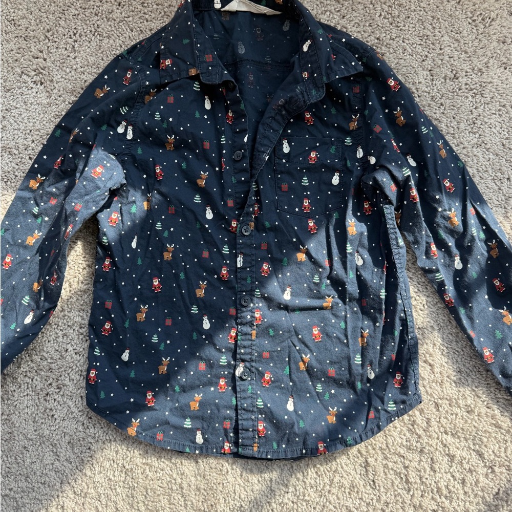 H&M Kids Navy Button Down Shirt with Festive Print